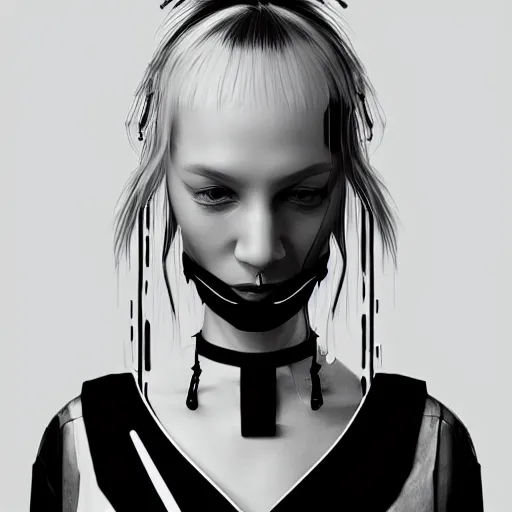 Prompt: headshot of cyberpunk woman wearing thick black choker around neck, detailed face, collar on neck, realistic, artstation, cyberpunk style, neon,