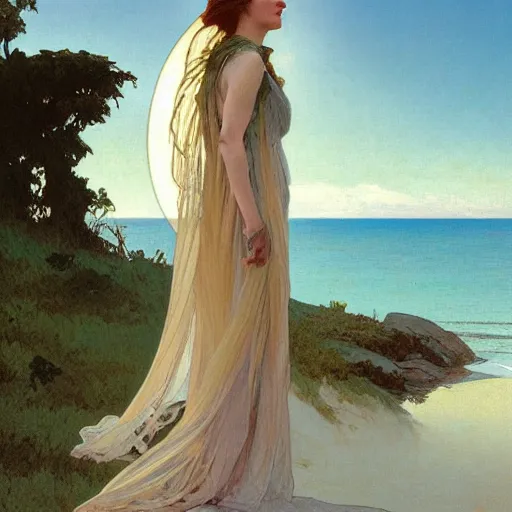 Prompt: a matte painting of cate blanchett watching the sunset wife by the beach, by greg rutkowski, by alphonse mucha, muted colors