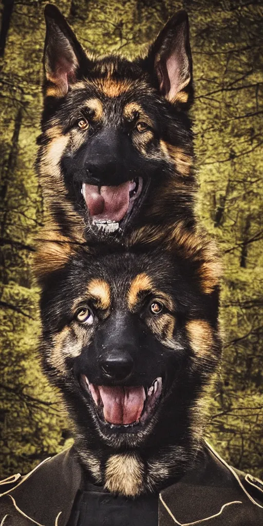 Image similar to close up character portrait icon of the german shepard beast - man military uniform head animal person wearing clothes standing in the bright forest, 4 k, tone mapping