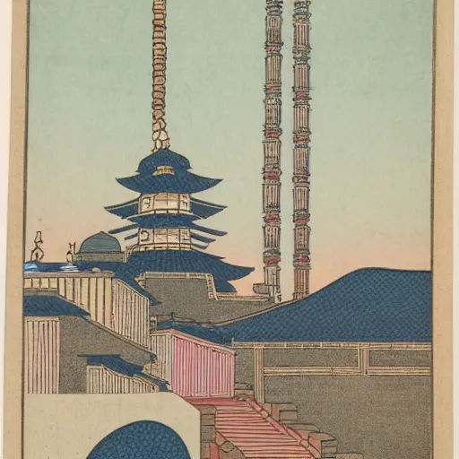 Image similar to late meiji period, colored woodblock print, mosque, minarets