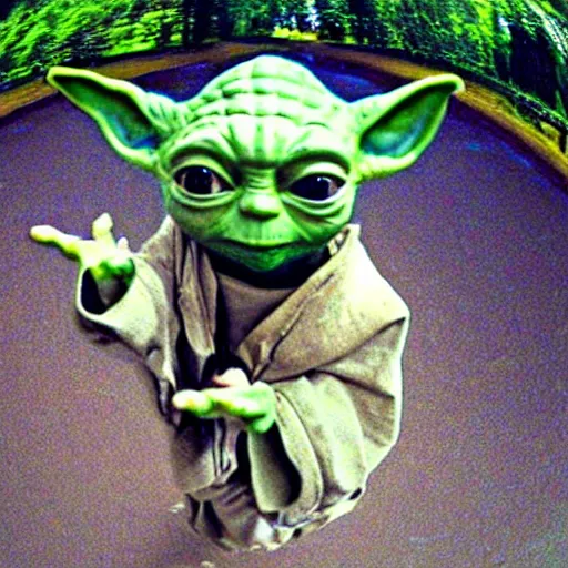 Image similar to Yoda waving towards the camera, photograph, fisheye lens