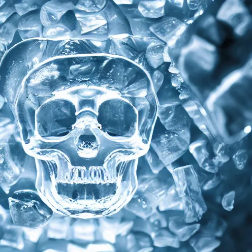 Image similar to a crystal skull inside a block of ice, high detail, 8 k, hd,