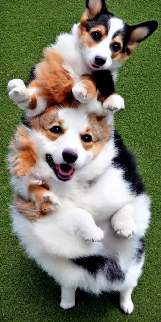 Image similar to cute corgi and a cute fluffy tuxedo cat riding on the top of him, realistic photo