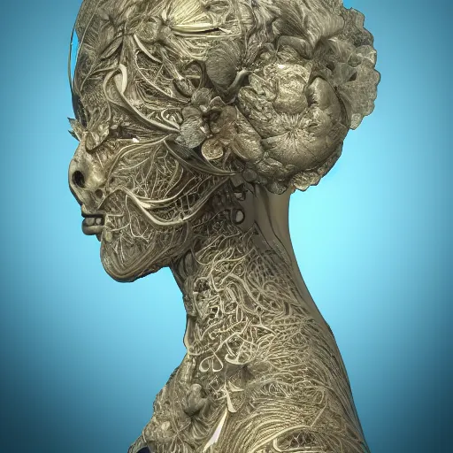 Image similar to beatifull face portrait of a woman, 150 mm, anatomical, flesh, flowers, mandelbrot fractal, facial muscles, veins, arteries, intricate, golden ratio, full frame, microscopic, elegant, highly detailed, ornate, ornament, sculpture, elegant , luxury, beautifully lit, ray trace, unreal, 3d, PBR, in the style of peter Gric , alex grey and Romero Ressendi