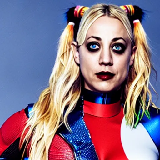 Image similar to A still of Kaley Cuoco as Harley Quinn