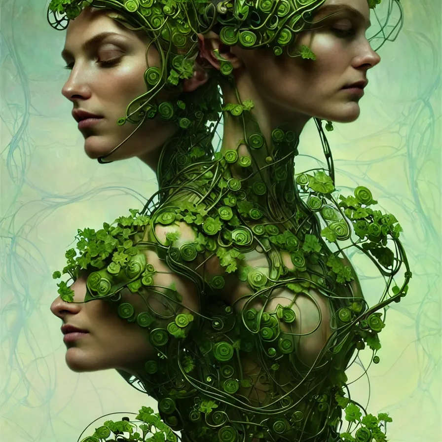 Image similar to organic cyborg, green vines sculpture with small flowers, diffuse lighting, fantasy, intricate, elegant, highly detailed, lifelike, photorealistic, digital painting, artstation, illustration, concept art, smooth, sharp focus, art by john collier and albert aublet and krenz cushart and artem demura and alphonse mucha