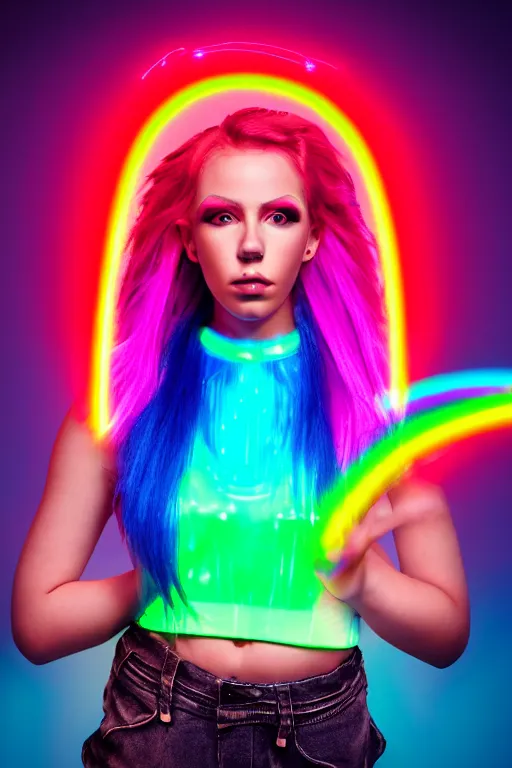 Prompt: a award winning half body portrait photograph of a beautiful woman with stunning eyes in a croptop and cargo pants with rainbow colored hair, routlined by whirling illuminated neon lines, outrun, vaporware