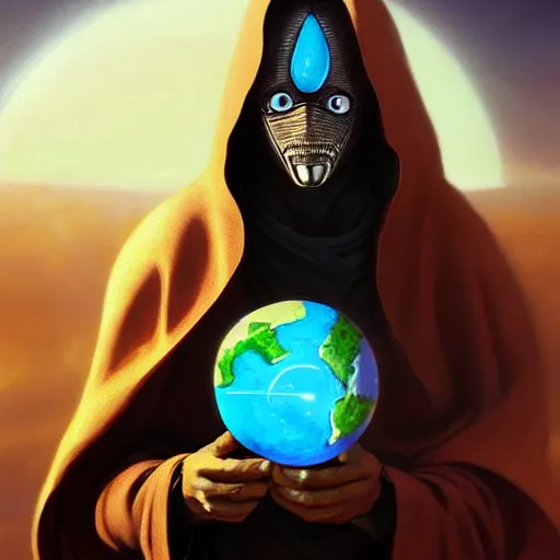 Image similar to masked nomad male wearing a cloak on an alien world and holding a holographic planet projection in his hand, detailed, sci - fi, digital painting, artstation, sharp focus, illustration, ominous, artgerm, tomasz alen kopera, peter mohrbacher, donato giancola, joseph christian leyendecker, wlop, frank frazetta