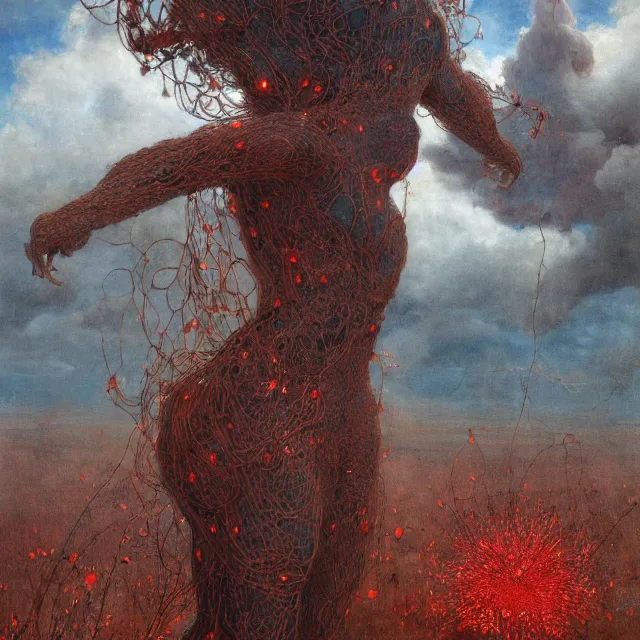 Image similar to A woman wearing clothes made out of thunder clouds and flowers, giant monsters in the background, red skin, Masterpiece, glowing, wires everywhere, by Edgar Maxence and Ross Tran, Zdzisław Beksiński, and Michael Whelan, distant, gustav dore, H.R. Giger, 8k, octane render