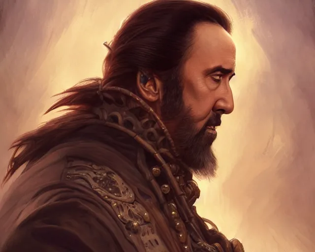 Image similar to nicolas cage as a pirate, deep focus, d & d, fantasy, intricate, elegant, highly detailed, digital painting, artstation, concept art, matte, sharp focus, illustration, hearthstone, art by artgerm and greg rutkowski and alphonse mucha