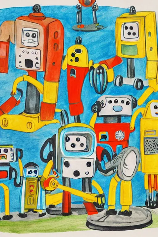 Image similar to children's book illustration of robots doing activities by margret rey