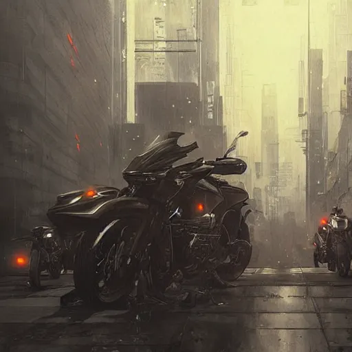 Image similar to Katsuhiro otomos akira, Dark cityscapes and futuristic motorcycles, Manga and anime, sinister by Greg Rutkowski