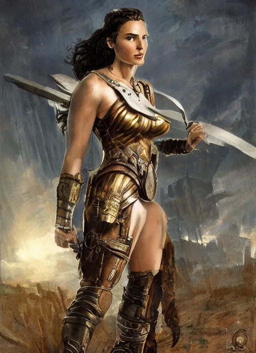 Prompt: highly detailed steampunk gal gadot as a blond standing, iron age : leonardo da vinci, greg rutkowski, magali villeneuve