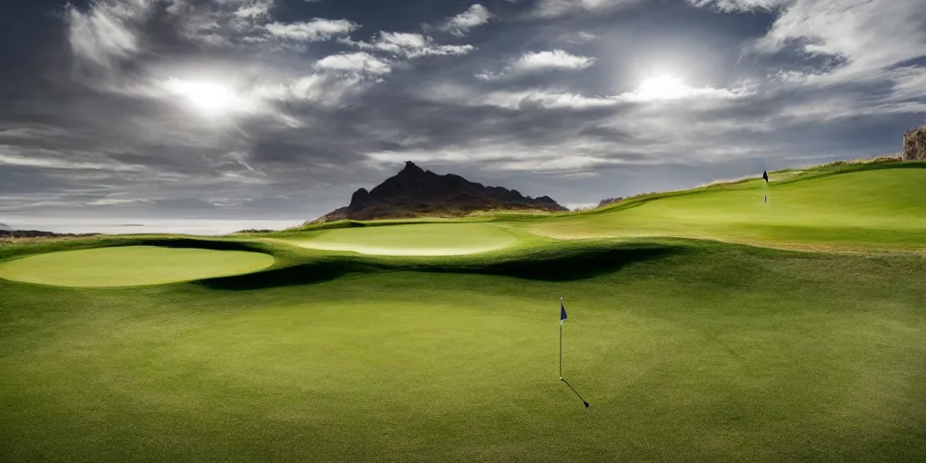 Image similar to the most amazing golf hole in the world made from yarn, beautiful ambient light, golf digest, top 1 0 0,