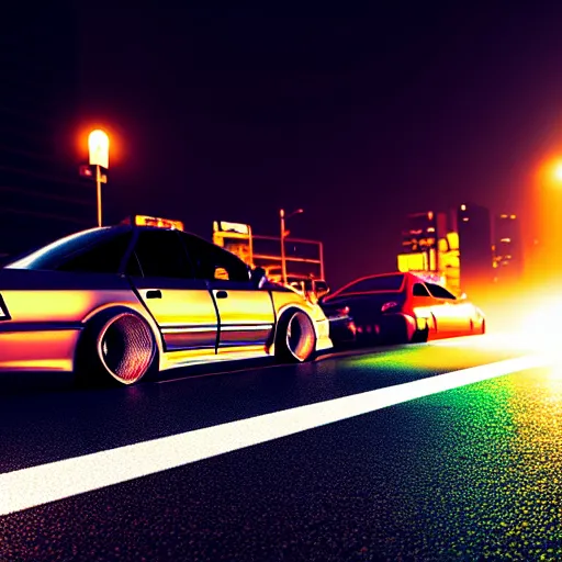 Prompt: a car JZX100 at illegal car meet, Saitama prefecture, city sunset mist streetlights, cinematic color, photorealistic, highly detailed, 200MM