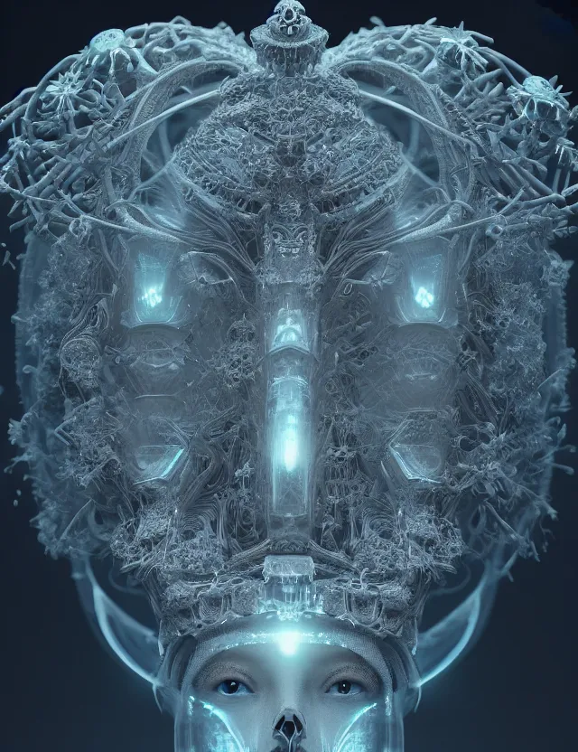 Image similar to symmetrical, centered, goddess close-up portrait wigh crown made of skulls. betta fish, phoenix, bioluminiscent creature, intricate artwork by Tooth Wu and wlop and beeple. octane render, trending on artstation, greg rutkowski very coherent symmetrical artwork. cinematic, hyper realism, high detail, octane render, 8k