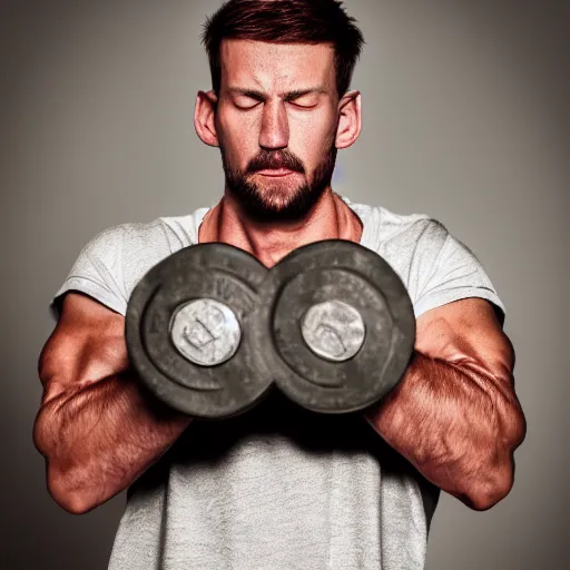 Image similar to a guy is asleep on on comfy bed , he his holding a dumbell in his hands. very detailed ,dramatic , octane render.