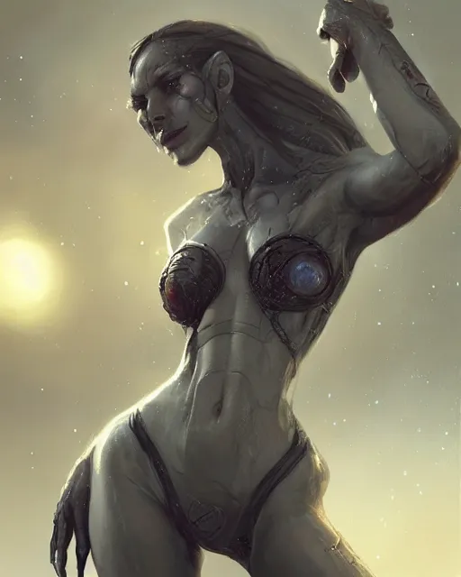Image similar to a beautiful female alien posing on a car, beautiful face, highly detailed face, close - up, fantasy art, female art, in the style of greg rutkowski, illustration, epic, fantasy, intricate, hyper detailed, artstation, concept art, smooth, sharp focus, ray tracing