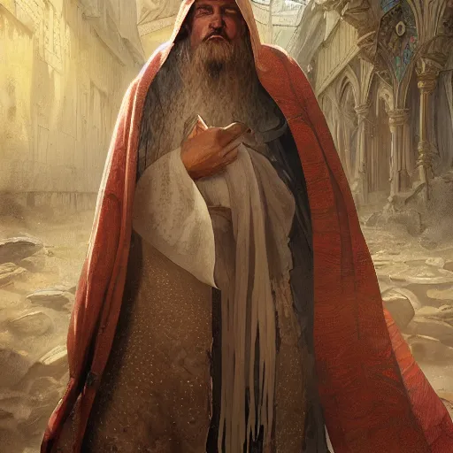 Image similar to highly detailed picture of a man with holes in his robes, religious man wearing clothes with huge rips, destroyed clothes, medieval background, mystic, d & d, fantasy, intricate, elegant, highly detailed, digital painting, artstation, concept art, smooth, sharp focus, illustration, art by artgerm and greg rutkowski and alphonse mucha