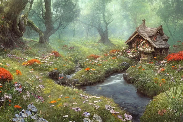 Prompt: wide angle view, a beautiful digital painting of a fairy house made of rocks in a stream, flowers, beautiful tranquil day, by greg rutkowski, brian froud, peter mohry, jean - baptiste monge, and alphonse mucha, symmetry, complementary colors, ink illustration, trending on artstation