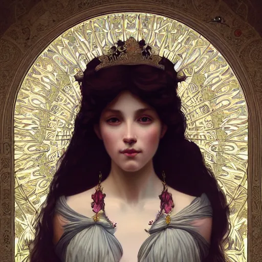 Prompt: portrait of queen, intricate, elegant, highly detailed, digital painting, artstation, concept art, smooth, sharp focus, illustration, art by artgerm and greg rutkowski and alphonse mucha and william - adolphe bouguereau