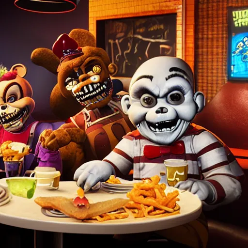 Prompt: five night's at freddys sitting in a chucky cheese restaurant, octane render, ultra detail, ultra realistic, 8 k