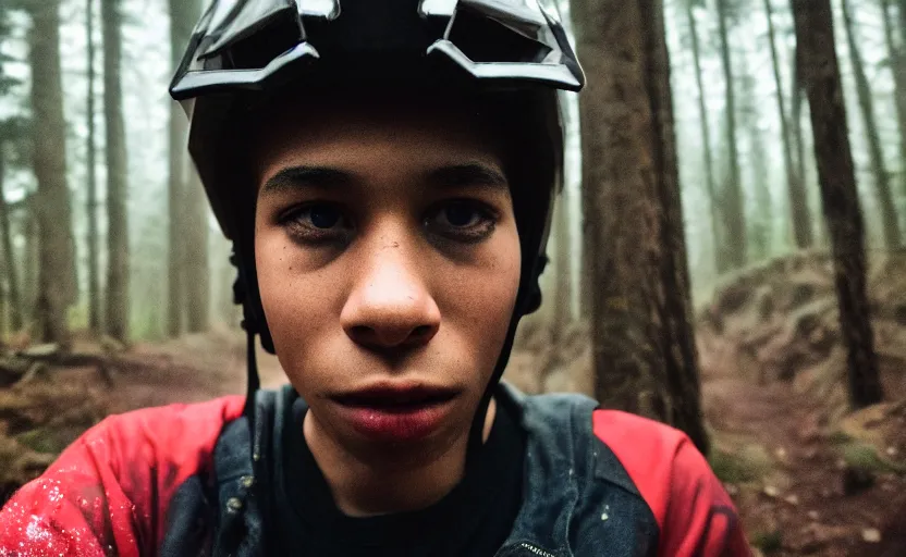 Image similar to cinestill 5 0 d candid photographic portrait by steven spielberg of a mixed teen wearing rugged black mesh techwear on a dirtbike through a dark forest, extreme closeup, modern cyberpunk moody emotional cinematic, snow storm, 8 k, hd, high resolution, 3 5 mm, f / 3 2, ultra realistic faces, ex machina