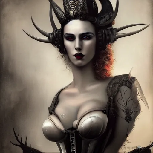 Prompt: By Tom Bagshaw, ultra realist soft painting of curiosities cyberpunk carnival by night, very beautiful horned single female gothic corset , symmetry accurate features, very intricate details, ominous sky, black and white, volumetric light clouds