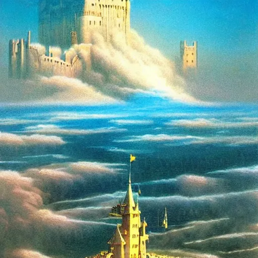 Image similar to by bruce pennington, by tony moore, by thechamba emotive renaissance painting. a beautiful land art of a castle in the clouds.