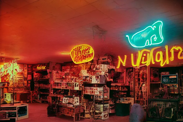 Image similar to a dinosaur shopping, inside of a 1970s music store store, neon lights, dirty, ektachrome photograph, volumetric lighting, f8 aperture, cinematic Eastman 5384 film