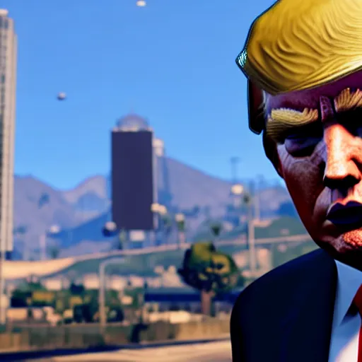 Prompt: donald trump in gta v, ps 5 screenshot, isometric view, third person gameplay, boss battle, 3 d render, cryengine, highly detailed