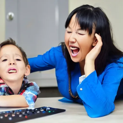 Prompt: child shout on his mother who play computer games and smile.