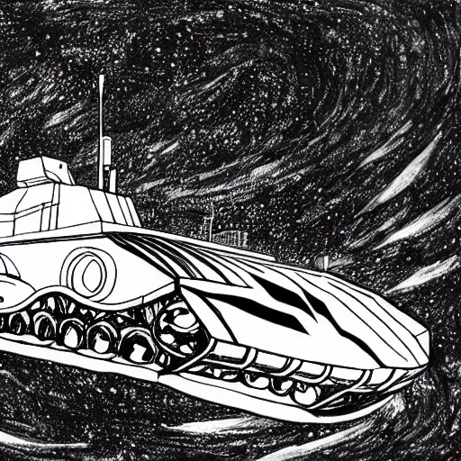 Image similar to daoist battle tank painted in white and black yinyang symbol blasting away at dystopia, cosmos backdrop, detailed pencil drawing by an alien from the future