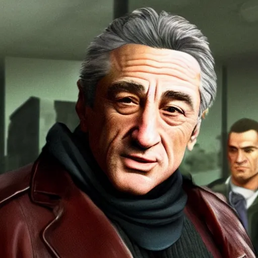 Image similar to robert deniro as a grand theft auto 5 character, cover game art