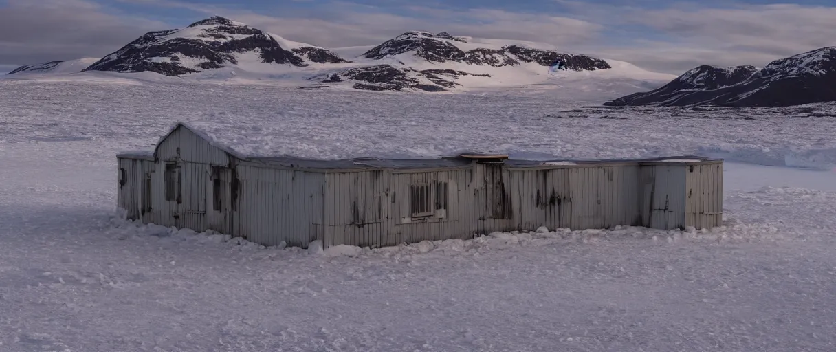 Prompt: a high quality color extreme closeup depth of field creepy hd 4 k film 3 5 mm photograph vista point pov of mcmurdoch station in antarctica at the beginning of sunset