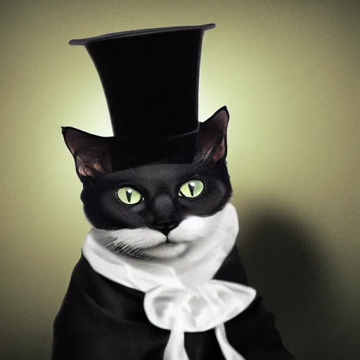 Image similar to cat wearing a top hat, dynamic lighting, 8k quality, stunning scenery, vintage photo, photorealistic portrait