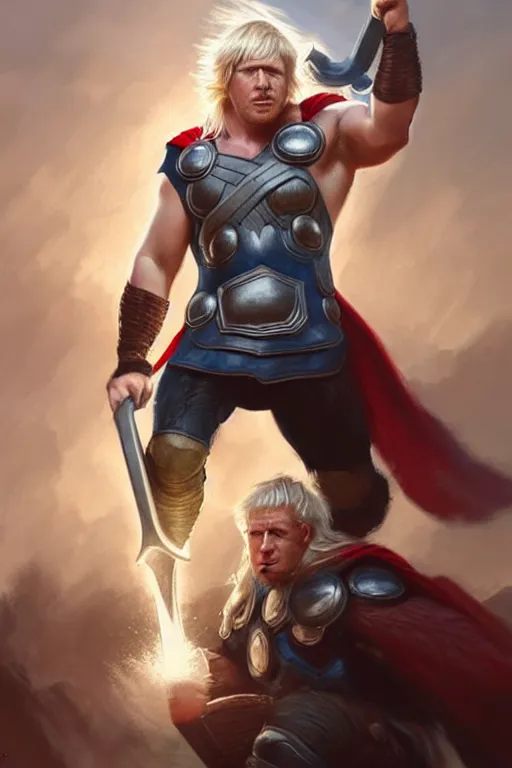 Image similar to Boris Johnson as Thor with Hammer, Thor armor, Thor hammer, masculine bodybuilder figure, highly detailed, digital painting, artstation, concept art, smooth, sharp focus, illustration, cinematic lighting, art by artgerm and greg rutkowski and alphonse mucha