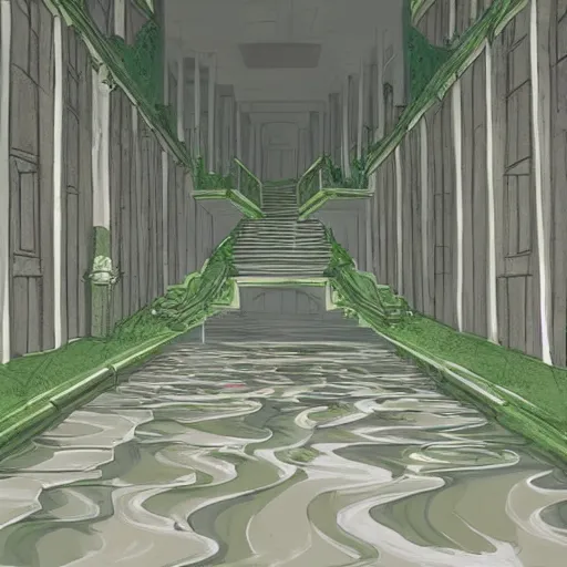 Image similar to a flood of slime in a bright white hallway with many doors and many stairs, Mc Escher architecture, epic composition, by Makoto Shinkai