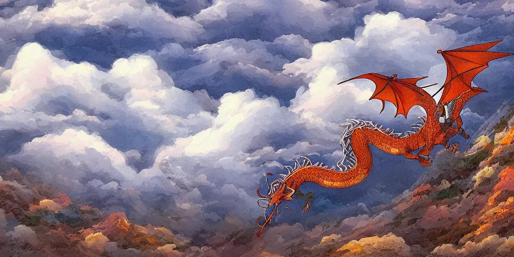 Prompt: over the hills, dragon flying in the clouds, by keita okada