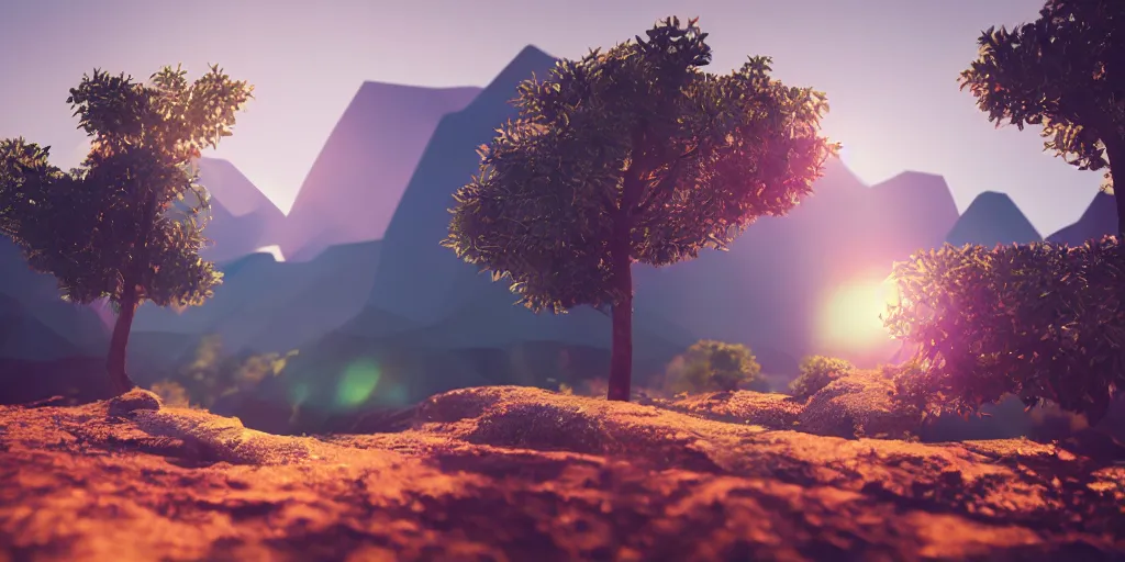 Prompt: low poly 3D rendering of a beautiful natural landscape,warm light, cinematic lighting, bokeh, lense flare