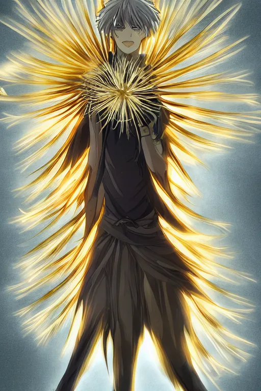 Prompt: golden glowing luminescent dandelion male anime character, symmetrical, highly detailed, digital art, sharp focus, trending on art station, amber eyes, fire colours