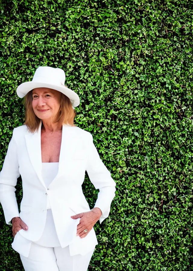 Prompt: close up portrait photo of a woman in her fifties wearing a white linen trouser suit and panama hat, standing in front of an ivy wall, 8 5 mm f / 1. 8, bokeh, backlit