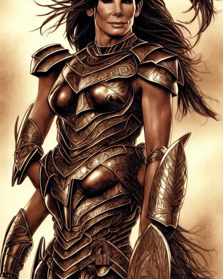 Image similar to a young sandra bullock as an amazon warrior, tall and beautiful with brown skin and long hair, dressed in hellenistic body armor, intricate, elegant, highly detailed, smooth, sharp focus, detailed face, art by ardian syaf