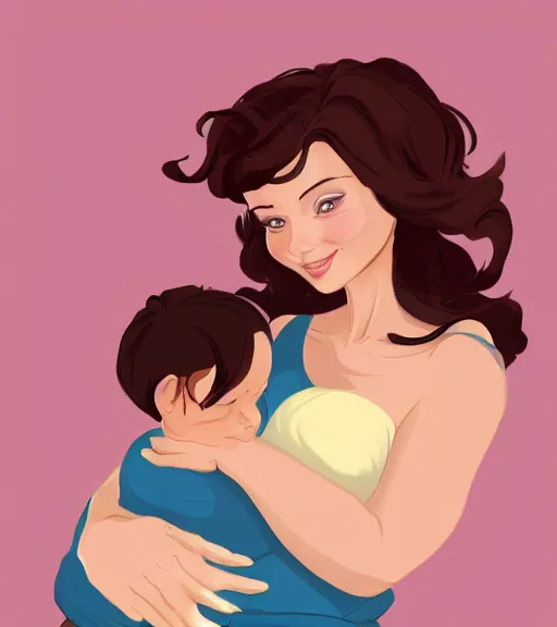 Image similar to a mother with short shoulder length dark auburn hair, short and curvy and a slightly chubby face holding her infant son with short brown hair full color digital illustration in the style of don bluth, artgerm, artstation trending, 4 k