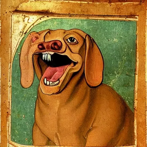 Image similar to medieval painting of the depths of hell see in the opened mouth of a gigantic dachshund,