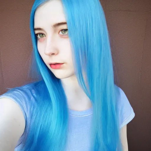 Image similar to a pale girl with blue hair, soft facial features, round face, looking directly at the camera, neutral expression, instagram picture