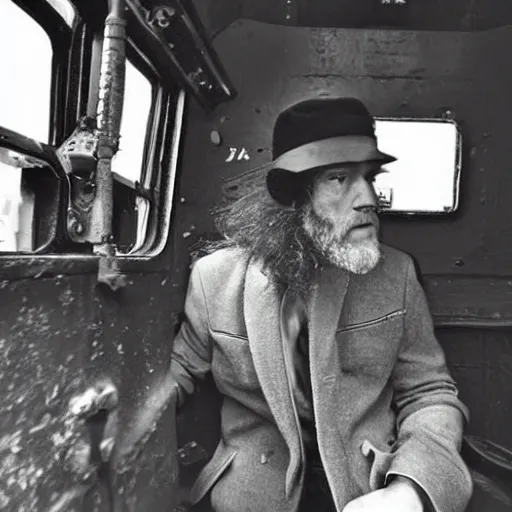Image similar to photograph of michael stipe in the cab of a steam locomotive by anton corbijn