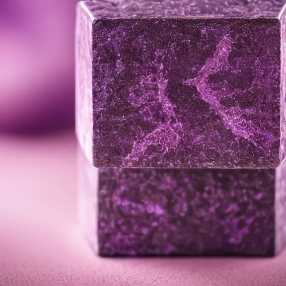 Image similar to a 4 k photorealistic photo close up of a purple stone cube, mysterious.