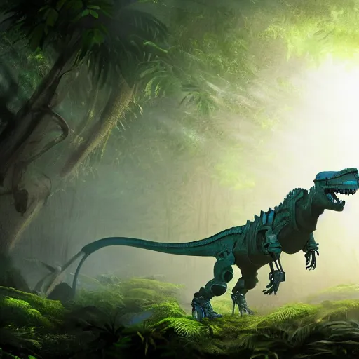 Prompt: a robot T-rex in a jungle, mist, god rays, concept art, artstation, 4k, beautiful