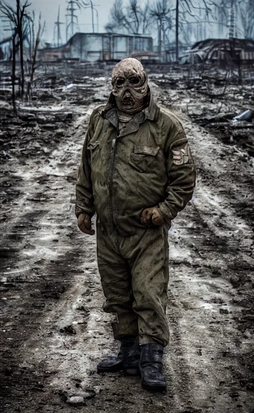 Image similar to an award winning portrait photo of chernobyl liquidator, postapocalyptic, 4 k, high quality, sharp focus